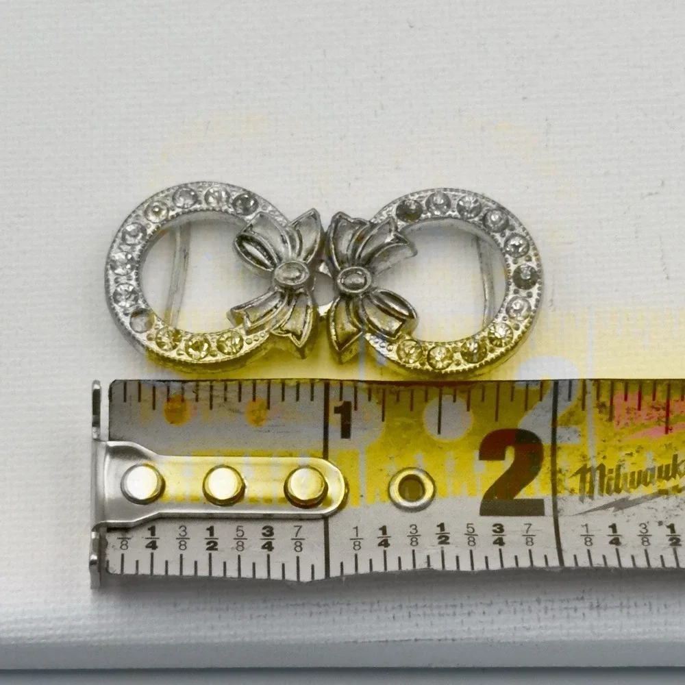 Antique Victorian Belt Buckle 2 Piece Interlocking Silver‎ Tone Bow Rhinestones